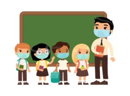 Asian Male Teacher And International Pupils With Protective Masks On Their Faces. Boys And Girls Dressed In School Uniform And Male Teacher Pointing At Blackboard Cartoon Characters. Respiratory Virus Protection, Allergies Concept.
